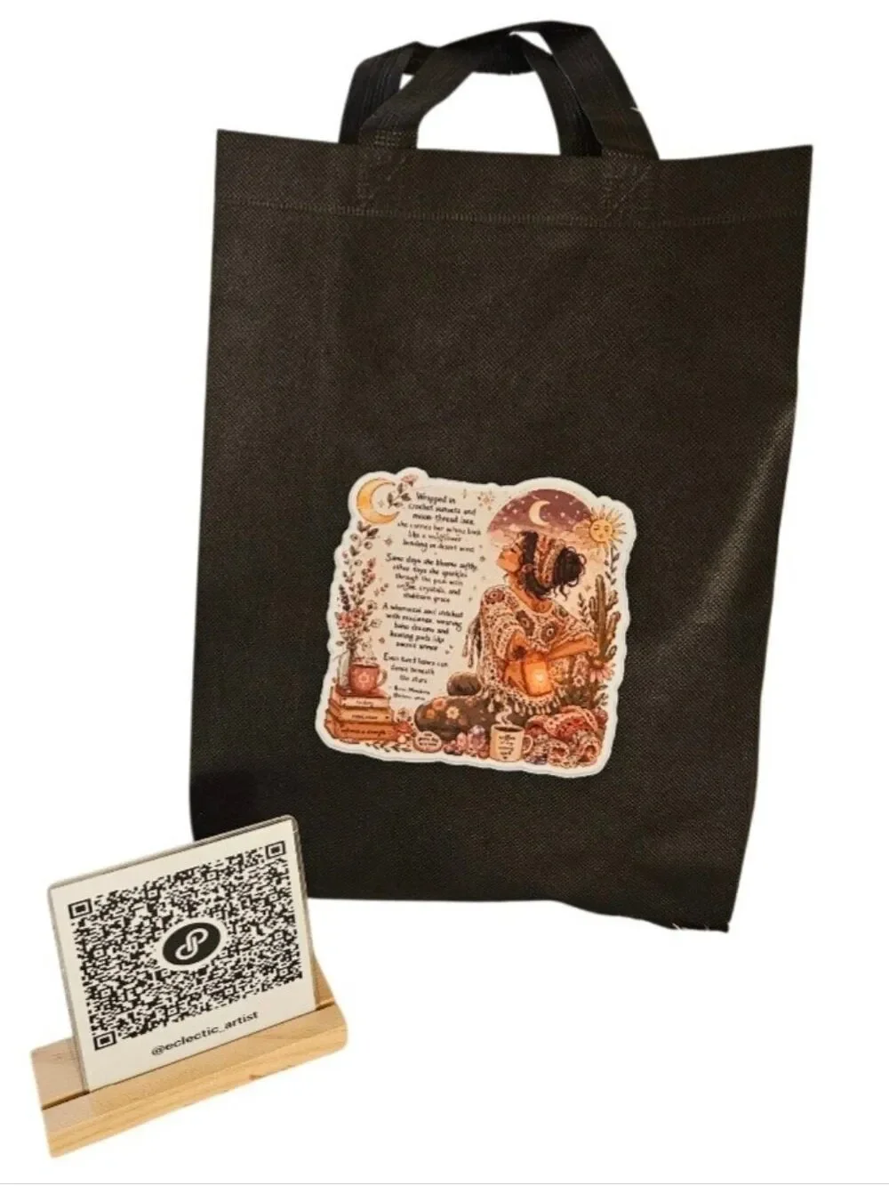 Hand Crafted Boho Poetry Tote Bag Floral Sticker Set Spoonie Gift Artist QR NWT